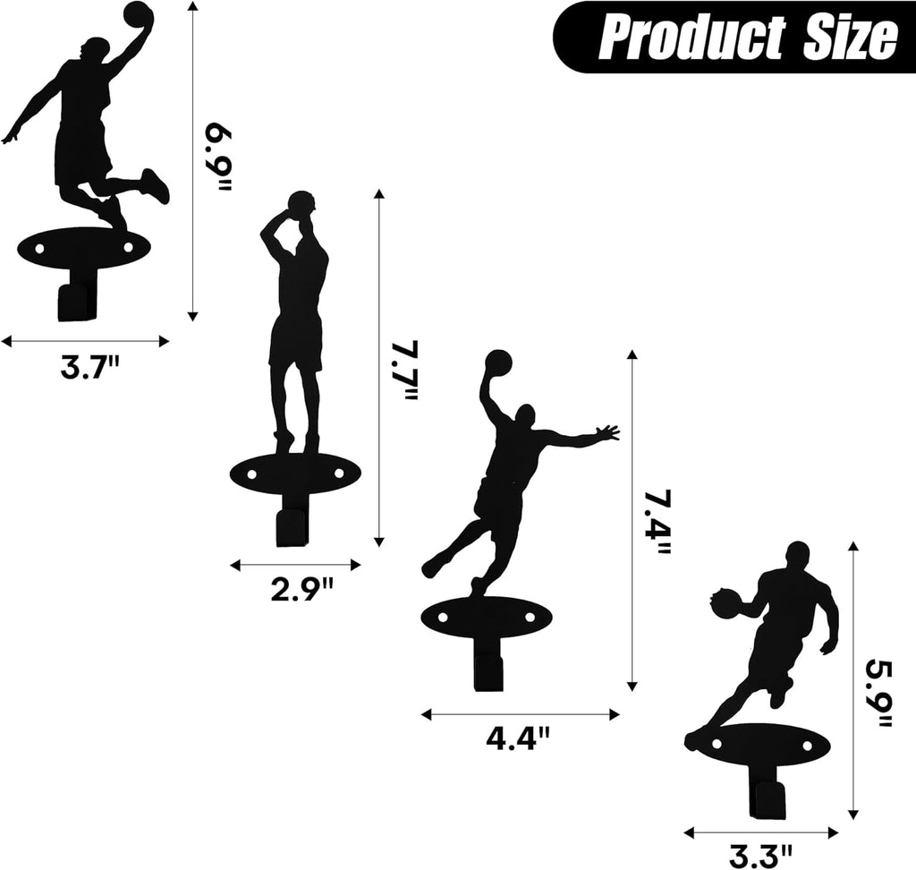 Xedatric Basketball Players Coat Hooks - 4 Piece Slam Dunk Silhouette Wall Mounted Metal Hangers for Teen Boys' Room Decor
