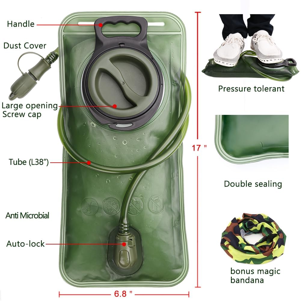 Hydration Bladder, 2.5L Water Bladder for Hiking Backpack Leak Proof Water Reservoir Storage, 2.5 Liter BPA-Free Water Pouch Hydration Pack Replacement for Biking Climbing Cycling Running, Green