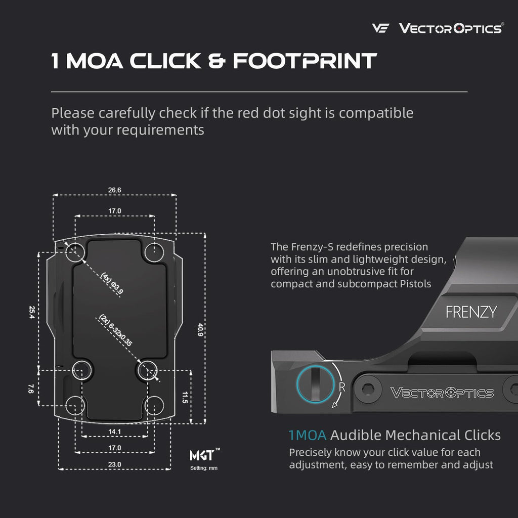 Vector Optics Frenzy 1x19x28 Illuminated 3 MOA Red Dot, Reflex Sight for Pistol, Low Profile, Motion Awake, Side Battery, IPX7, 7075 T6 Aluminum, SCRD-66