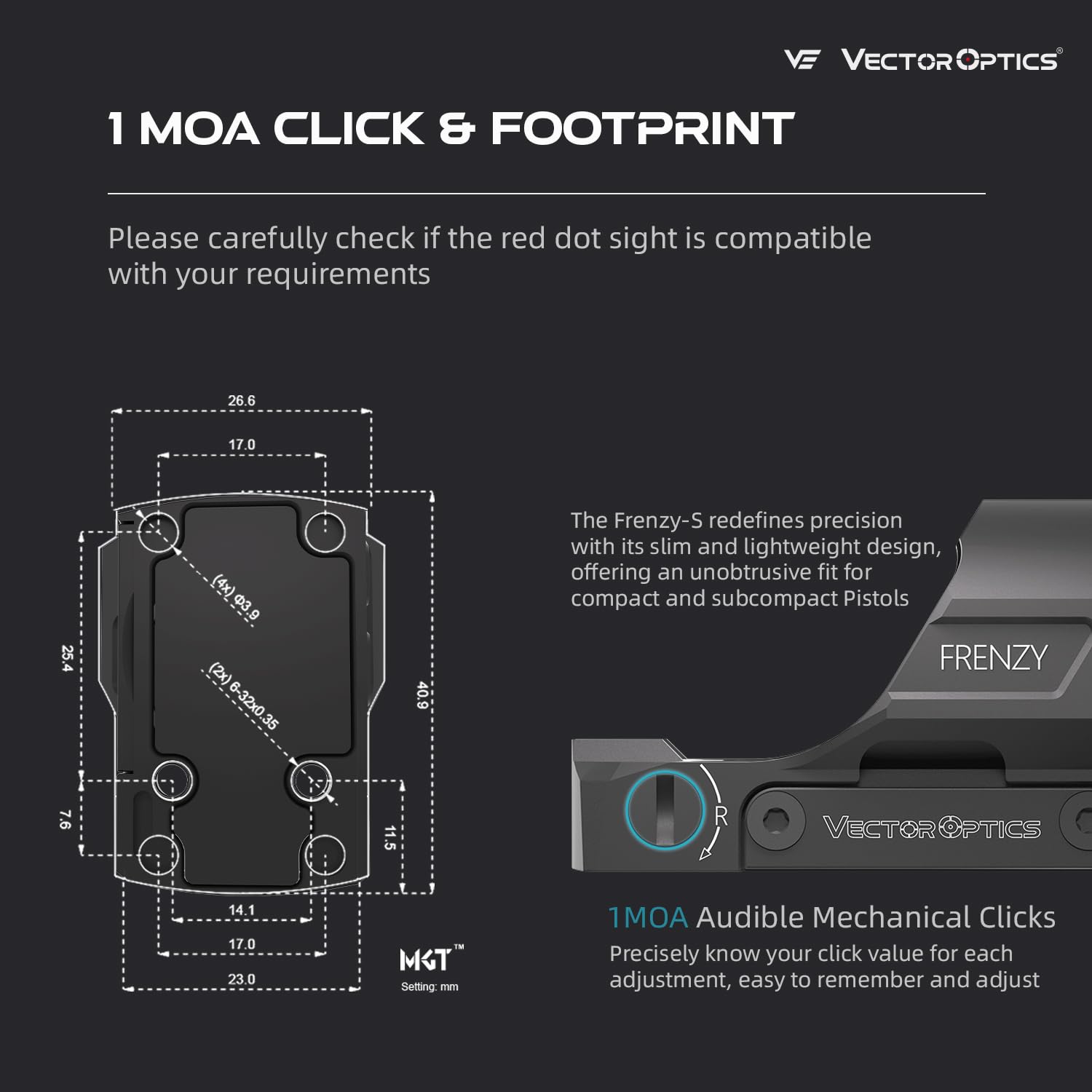 Vector Optics Frenzy 1x19x28 Illuminated 3 MOA Red Dot, Reflex Sight for Pistol, Low Profile, Motion Awake, Side Battery, IPX7, 7075 T6 Aluminum, SCRD-66
