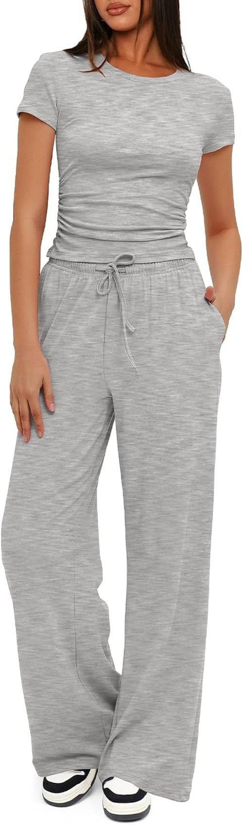 Darong Women's Summer Lounge Set - Side Ruched Crop Top & Wide Leg Pants | Stylish Comfort Outfit