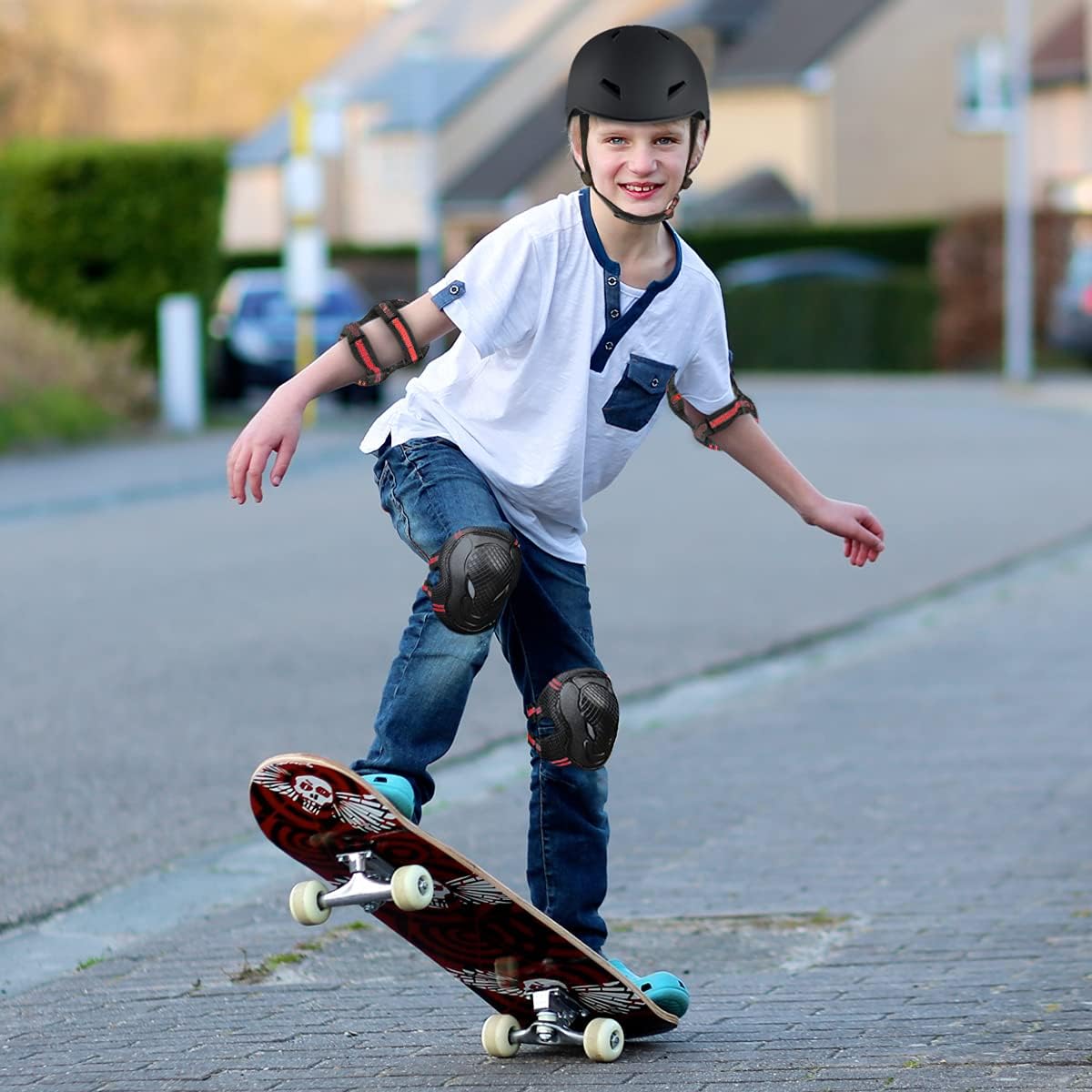 Skiennix Skateboard Helmet Set - Adjustable Protective Gear with Knee, Elbow Pads & Wrist Guards | Ideal for Teens & Adults