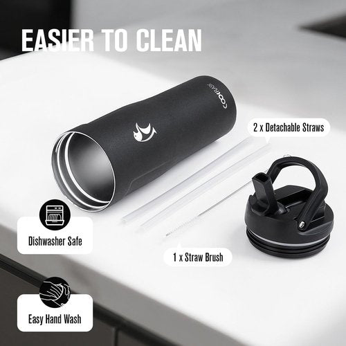 Coolflask Water Bottle 32 Oz - Slim Stainless Steel Tumbler with Straw & Handle | Leakproof for Travel & Gym, Black