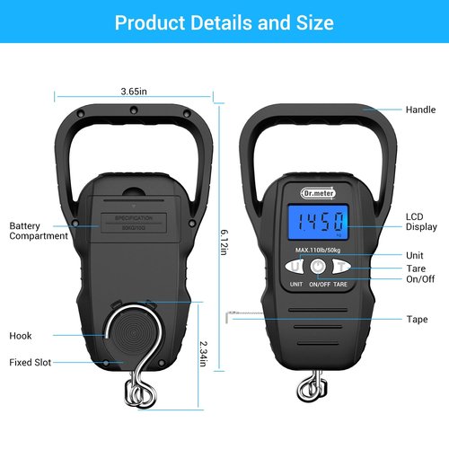 Dr.meter Fish Scale - Digital Fishing Scale with Backlit LCD Display & Measuring Tape - 110lb Capacity