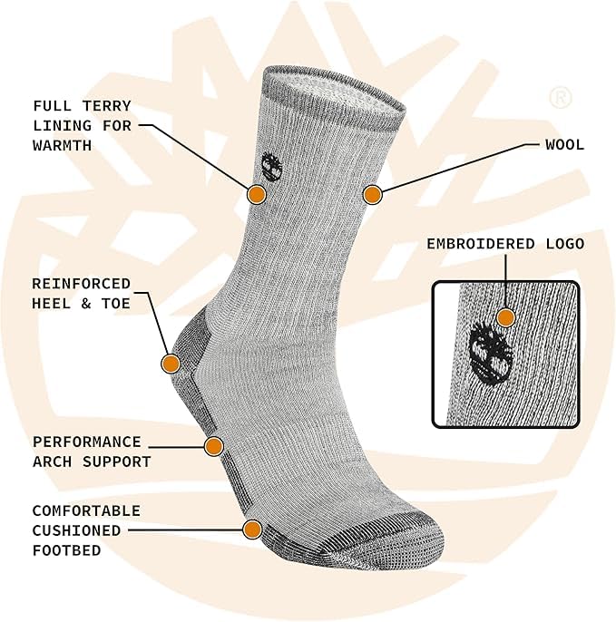 Timberland Mens Wool, Hiking, Winter, Thermal Boot Socks, Full Cushioned Crew Socks Arch Support