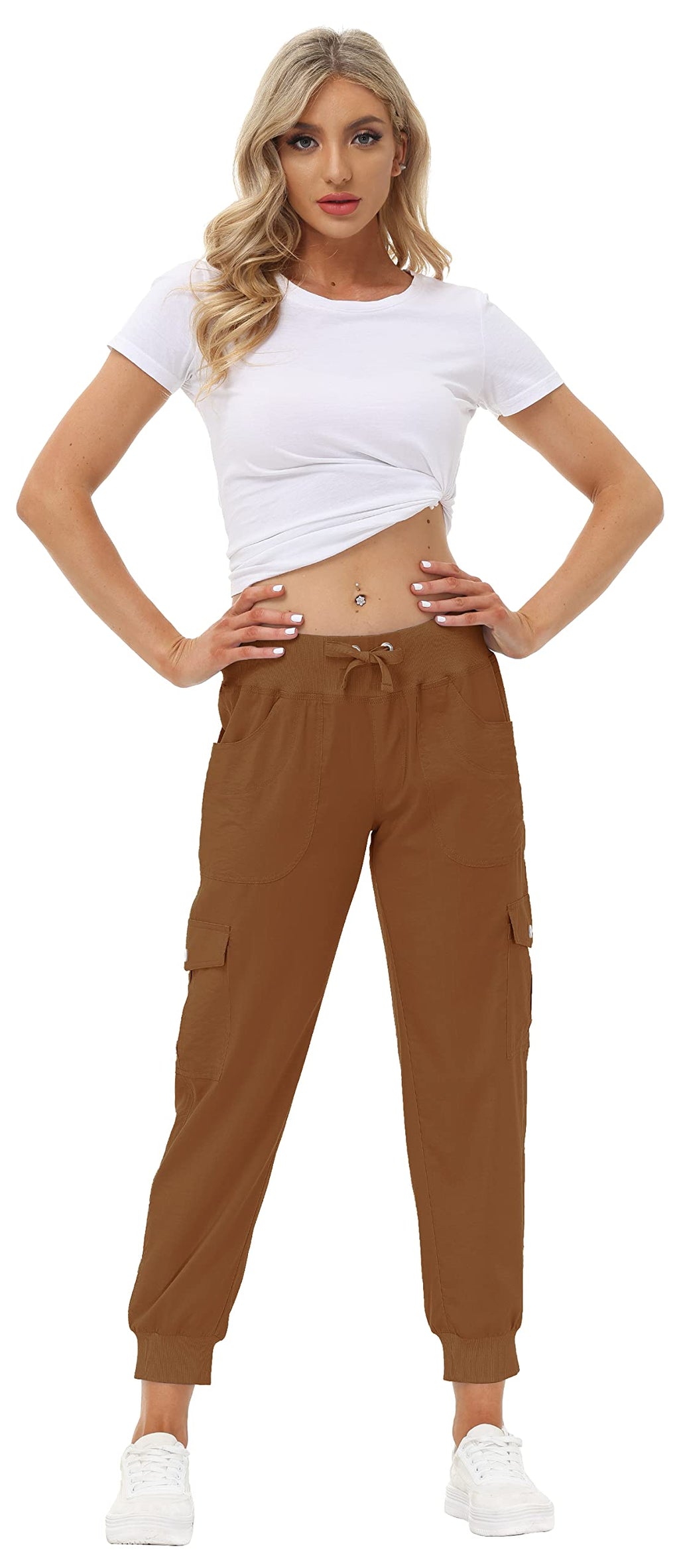 MoFiz Womens Lightweight Quick Dry Cargo Pants Outdoor Summer Travel Casual Sports Hiking Jogger Sweatpants Button Pockets Earthy Yellow 3XL