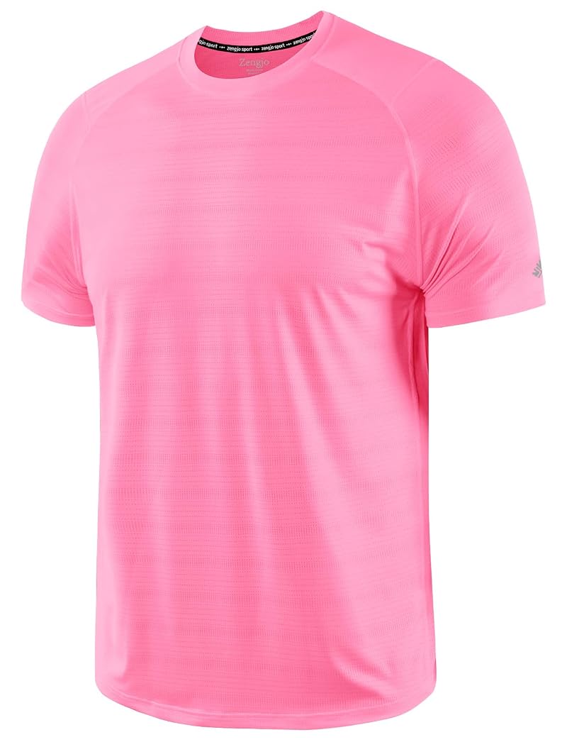 Zengjo Mens Quick Dry Short Sleeve Athletic T Shirt – Pink, Size Large