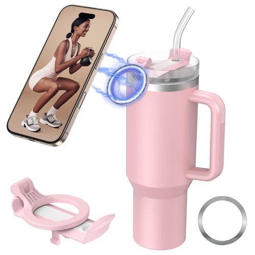 UKEXE Magnetic Phone Holder for Stanley 40oz Quencher H2.0 Tumbler with Handle, Rotatable Water Bottle Phone Stand, MagSafe Compatible, Pink