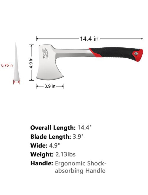 JXE JXO 14.4" Camping Hatchet with Full Tang Forged Construction & Ergonomic Shock Absorbing Grip, Hatchet Axe with Nylon Sheath (Red