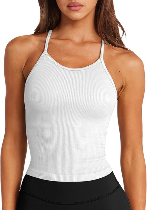 LASLULU Women's Sports Bra - Seamless Long Crop Tank with Padded Halter Neck | Ideal for Yoga & Workouts