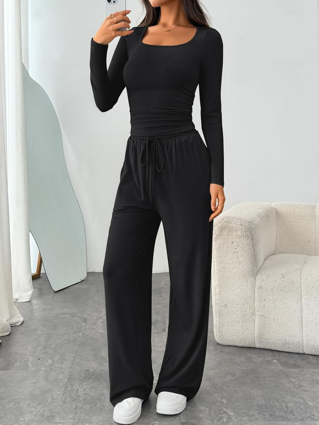 Trendy Queen 2 Piece Lounge Set - Scoop Neck Top & Wide Leg Pants with Pockets | Stylish & Comfortable