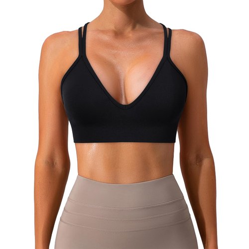Sports Bra for Women V-Neck Strappy Criss Cross Yoga Bra Padded Medium Support Workout Gym Athletic Fitness Bras 3 Pack