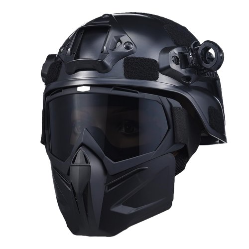 Airsoft Helmet and Mask Set, Tactical Paintball Full Face Black Skull Mask, Detachable Airsoft Goggles, Helmet with Front NVG Mount and Side Rails, Gear for CS, Cosplay, and Costume Movie Props