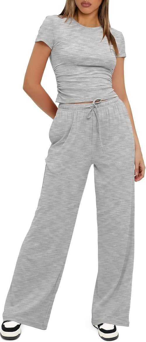 Darong Women's Summer Lounge Set - Side Ruched Crop Top & Wide Leg Pants | Stylish Comfort