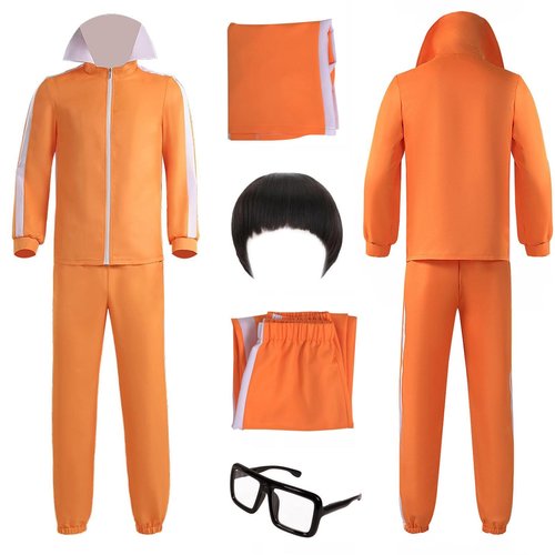Gocos Adult Men Orange Tracksuit Uniform Sports Suit Zipper Jacket Top Sportswear with Glasses Wig (US, Alpha, 3X-Large, Regular, Regular, style3)