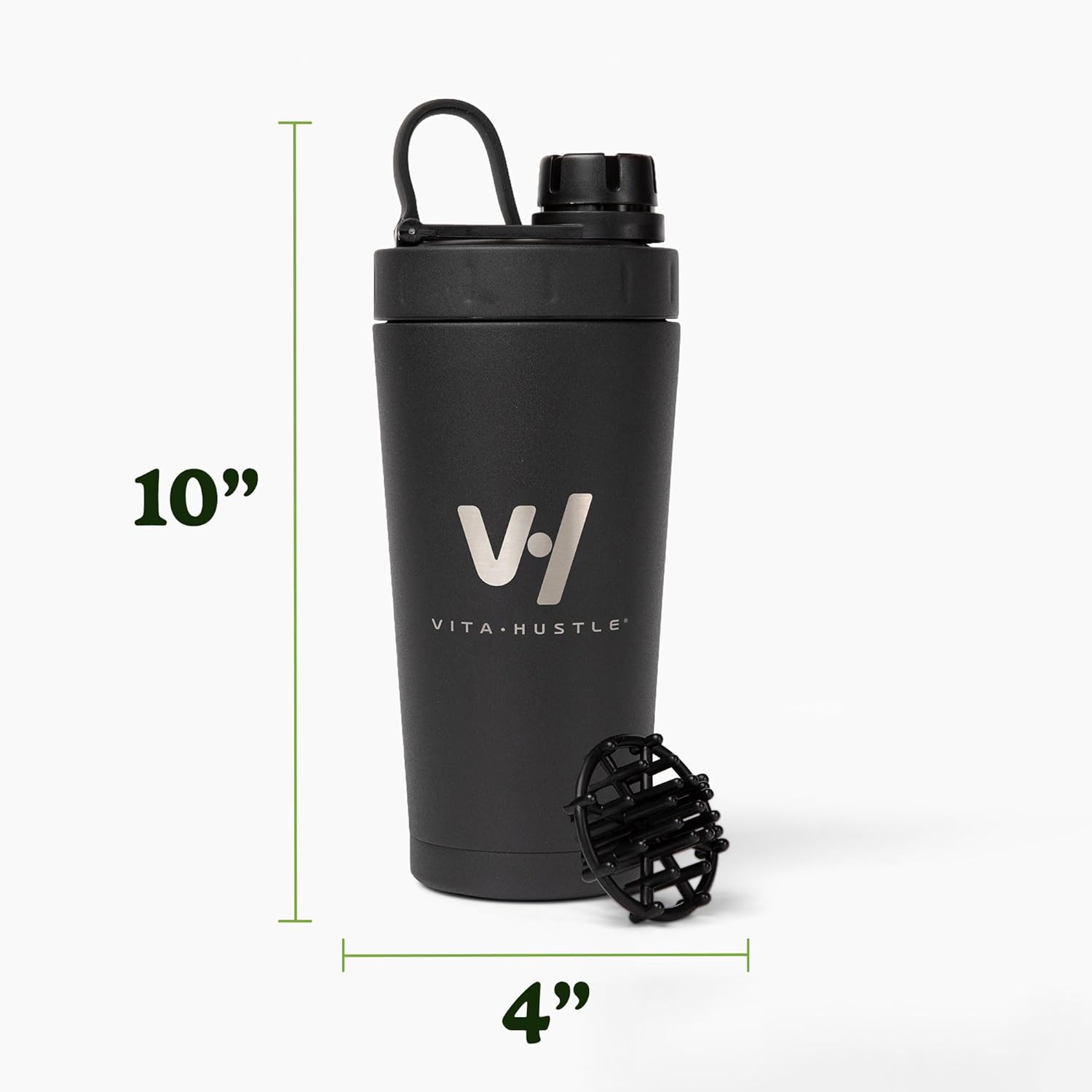 VitaHustle Stainless Steel Shaker Cup with Twist Cap, Leakproof, Blender Ball, Perfect for Protein Shakes or Post Workout, Fits Car Cup Holder, BPA Free, 20 oz (Black)
