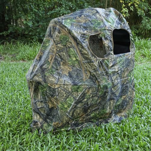 AUSCAMOTEK Woodland Green See-Through Hunting Ground Blind with Built-In Chair - 1 Person Pop-Up Camouflage Tent