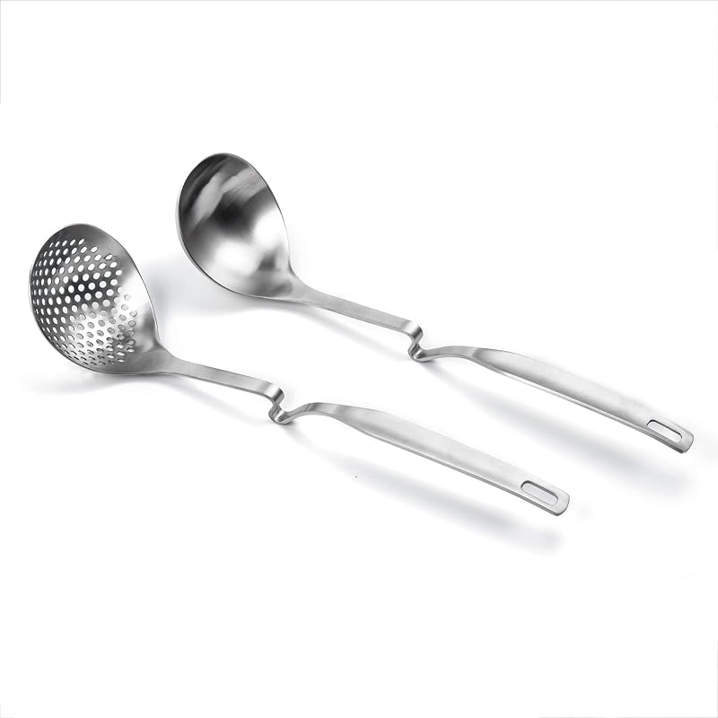 12-Inch SUS304 Stainless Steel Slotted Ladle Set for Hot Pot & Soup
