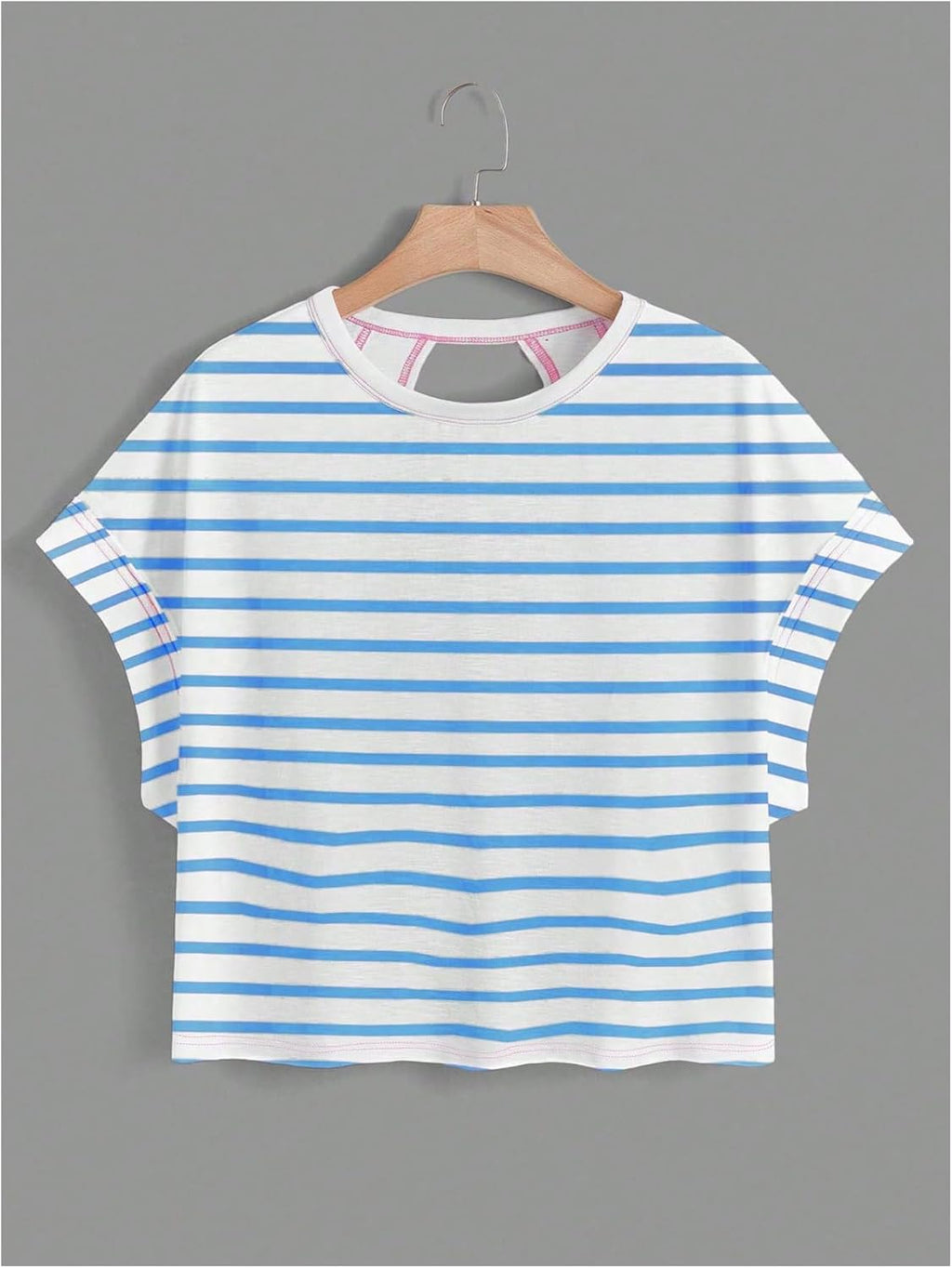 WDIRARA Women's Workout T-Shirt - Stripe Open Back Design | Short Sleeve Criss Cross Style