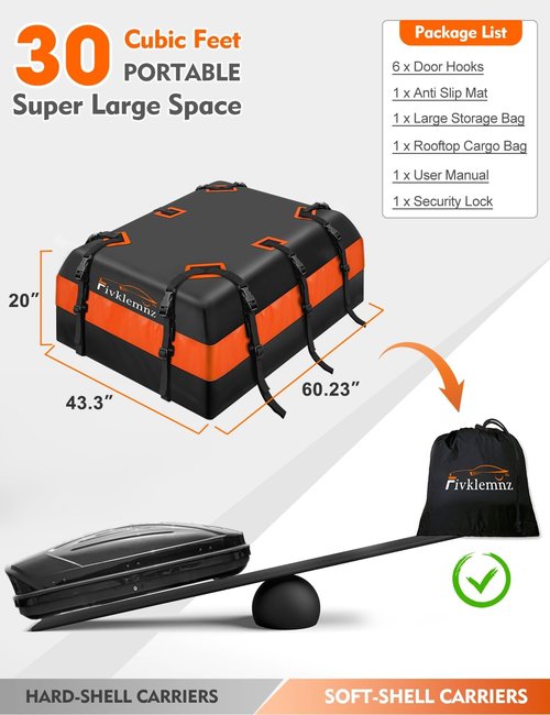 FIVKLEMNZ Waterproof 30 Cubic Rooftop Cargo Carrier Bag - Includes Anti-Slip Mat & Straps | Fits All Vehicles