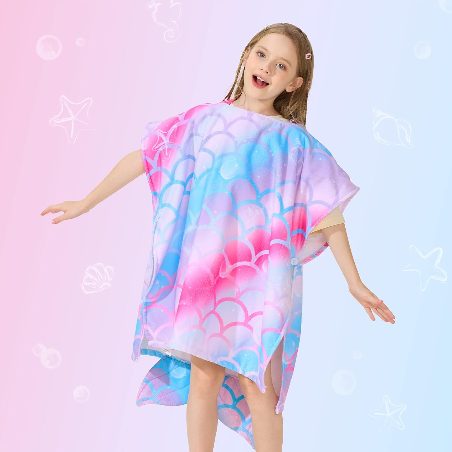 WERNNSAI Mermaid Hooded Beach Towel - Soft, Quick-Dry Poncho for Kids | 27" x 27" Sand-Free Design