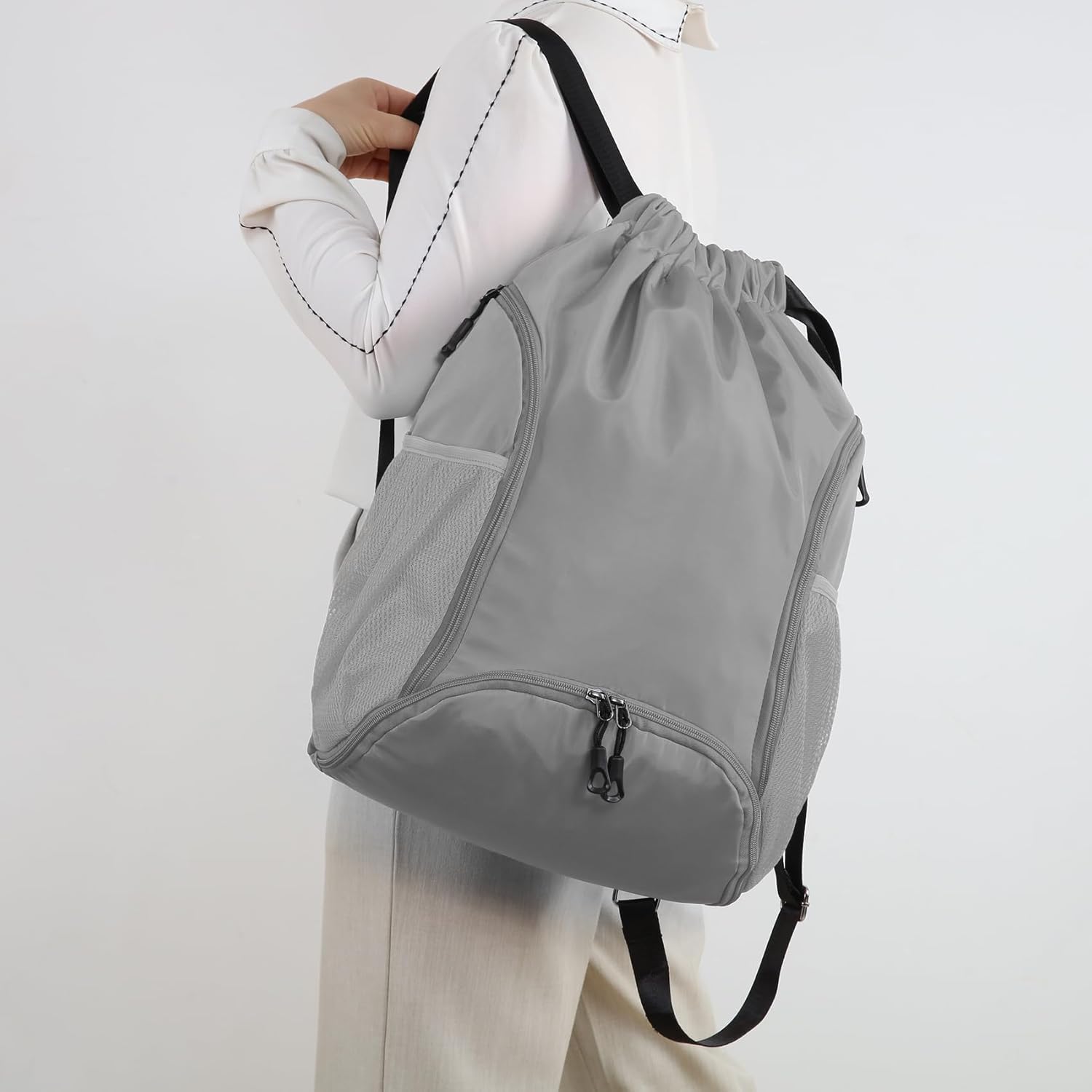 Valleycomfy Sports Gym Bag - Drawstring Backpack with Shoe Compartment & Two Water Bottle Holders | Grey