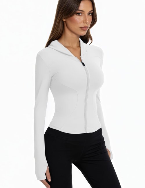 Beftwo Athletic Jacket Women with Hood Bbl Workout Full Zip-Up Yoga Gym Running Crop Jackets Sport Track Long-Sleeve Tops with Thumb Holes