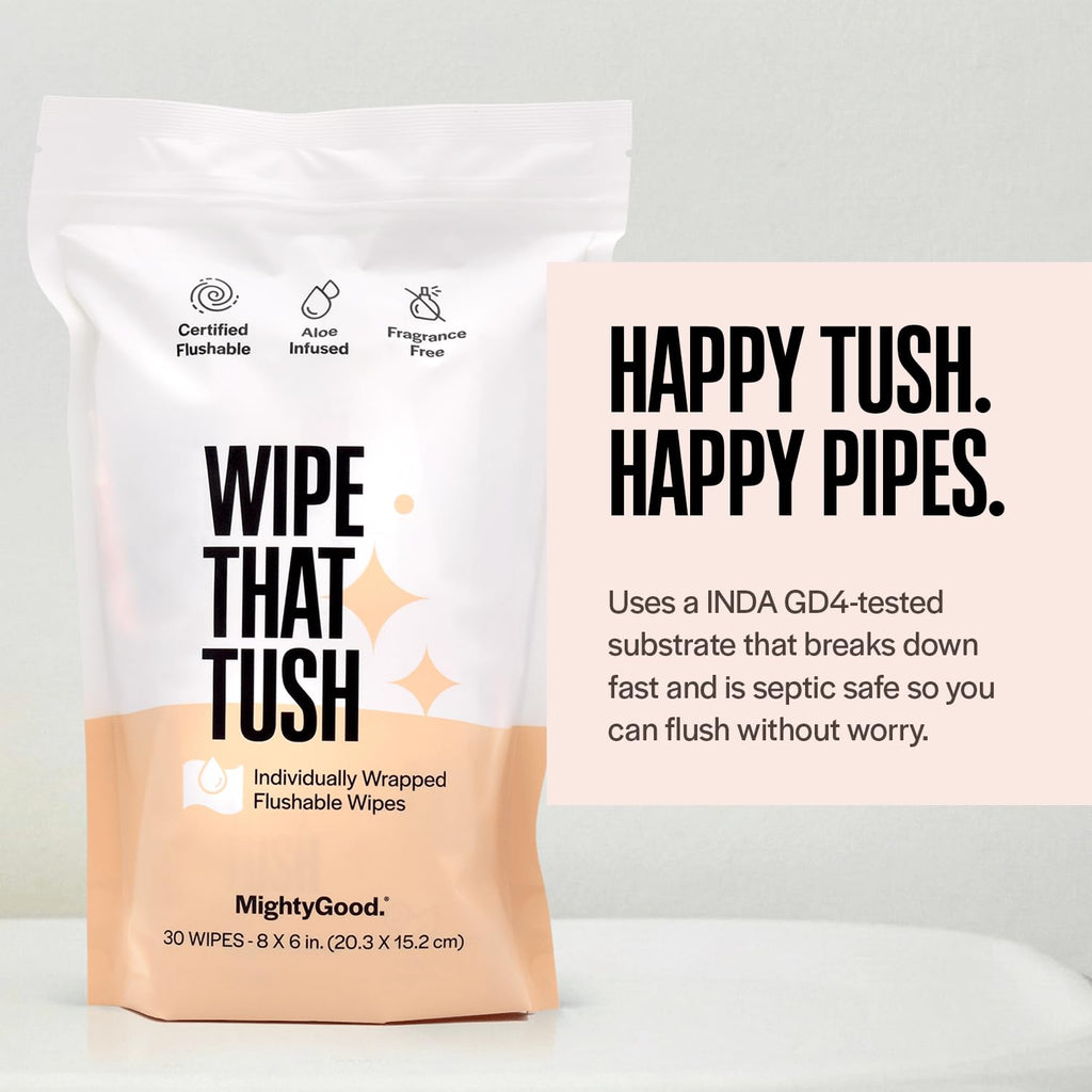 Wipe That Tush Flushable Wipes - Extra Large & Soft, Fragrance-Free, Hypoallergenic | 30 Individually Wrapped Wipes
