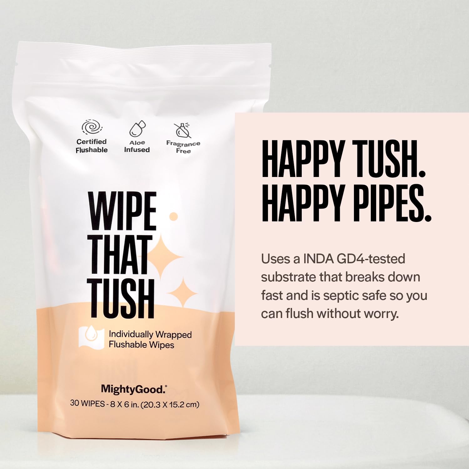Wipe That Tush Flushable Wipes - Extra Large & Soft, Fragrance-Free, Hypoallergenic | 30 Individually Wrapped Wipes
