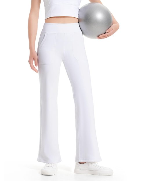 JOCMIC Girls Fleece Lined Flare Leggings High Waist Bell Bottoms Yoga Pants for Kids Girls Athletic Leggings with Pockets White 9-10 Years