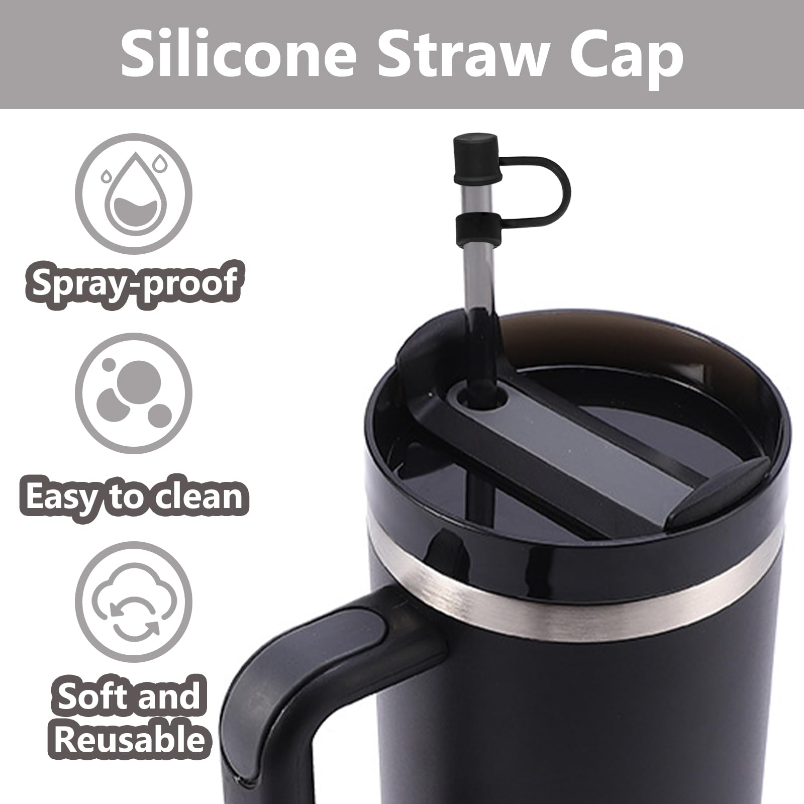 CEDIDJAC 6PCS Silicone Straw Covers Cap Compatible with Stanley Cup 30-40 oz Tumbler with Handle 10mm Straw Toppers，Dust-Proof Reusable Straw Cover for Stanley Cup Accessories (Black)