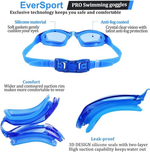 EverSport Swim Goggles - Anti-Fog Pack of 2 for Adults, Youth & Kids | Comfortable Fit & Clear Vision