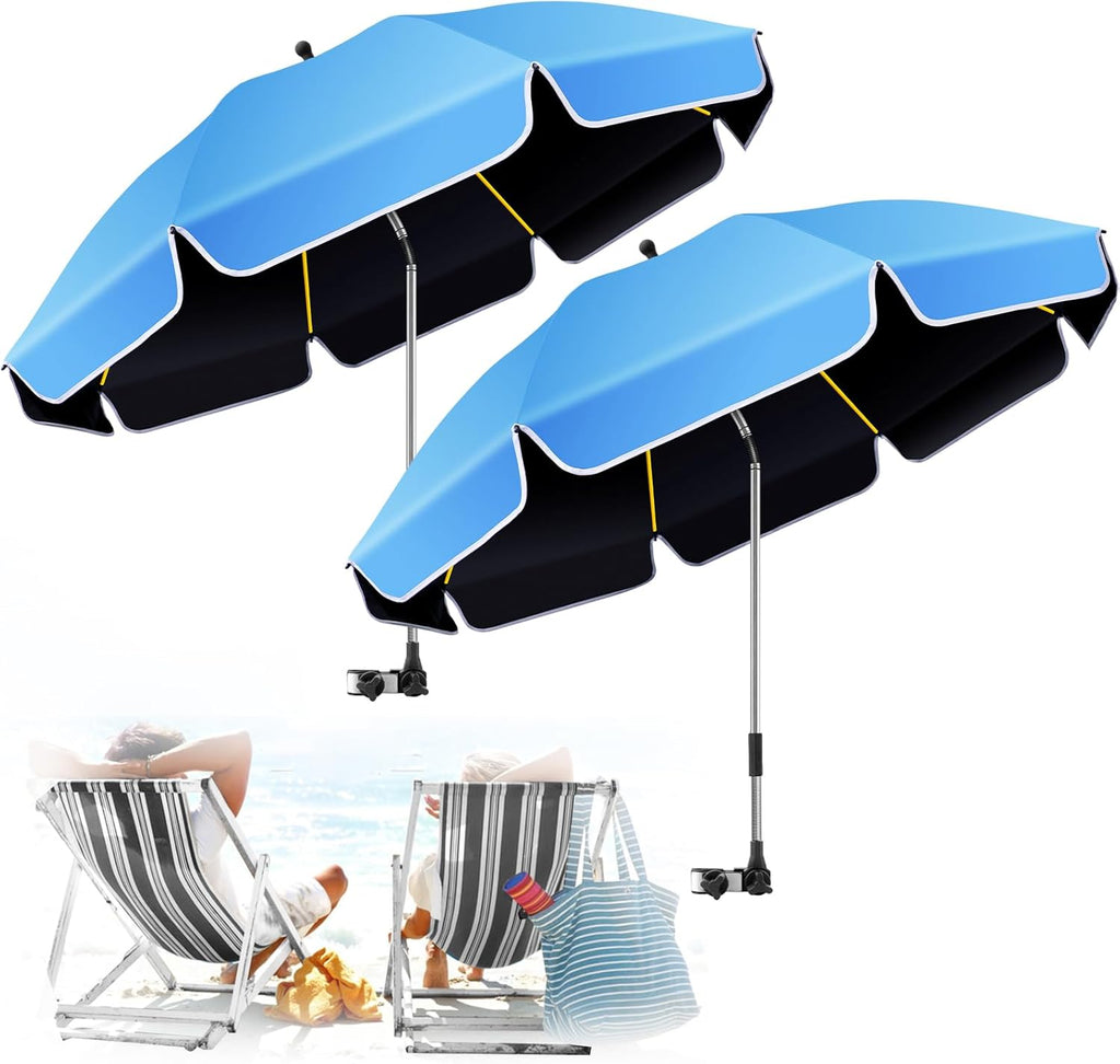 Umbrella 360°Adjustable Protection Stroller, 2 PACK 48.8" beach chair umbrella with clamp, high UV protection. 3 Adjustable areas 180°+360° for fishing, golf, beach, camping (chair not included)