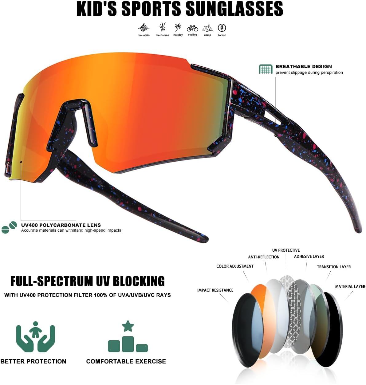 Skiennix Kids Sunglasses - UV Protection Youth Baseball & Softball Glasses for Boys & Girls