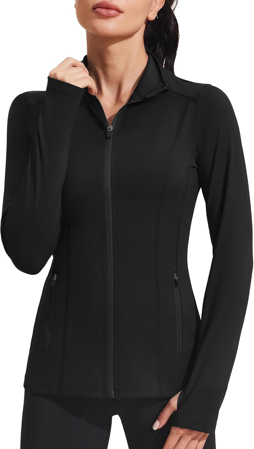PINSPARK Women's Athletic Jacket - Slim Fit Full Zip Workout Top with Pockets for Gym & Yoga
