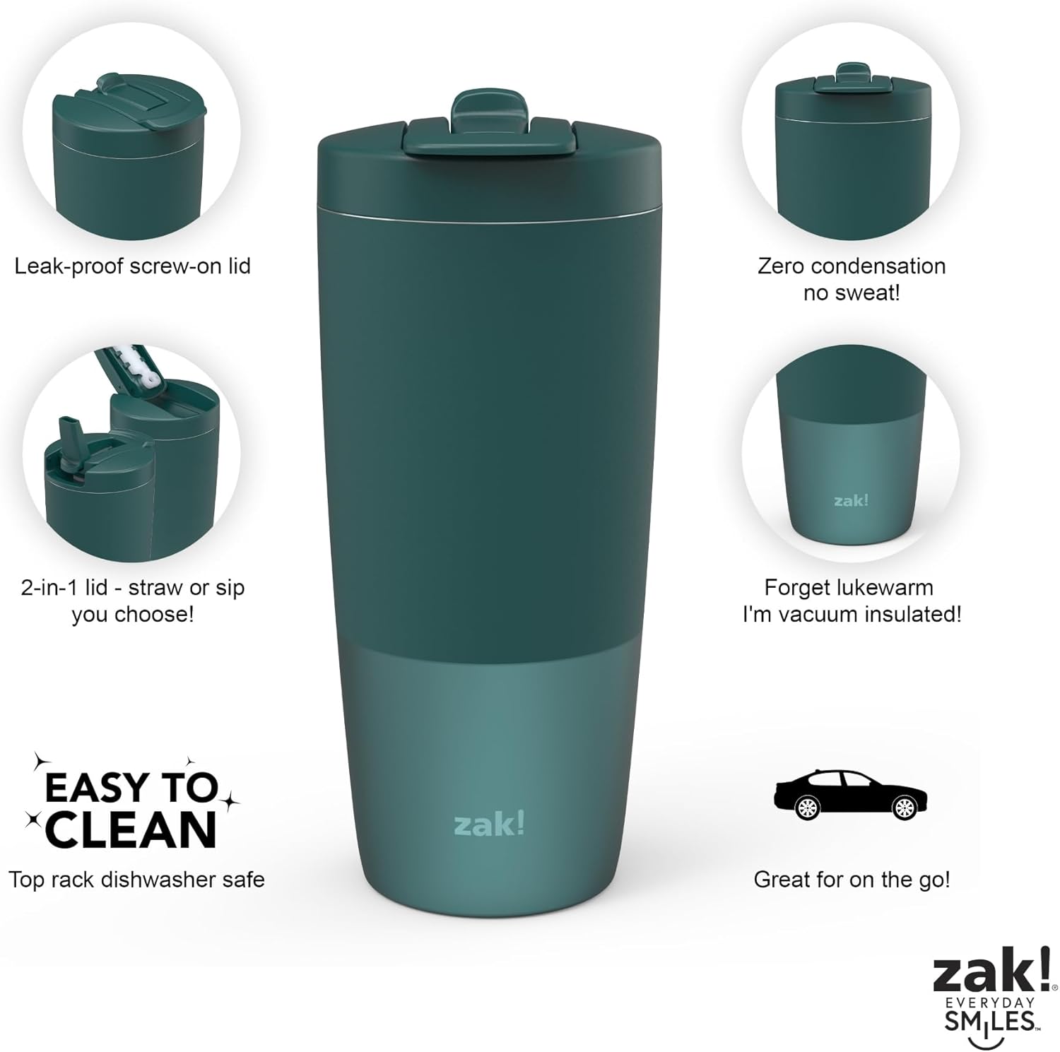 Zak Designs Sutton 2-in-1 Tumbler - 30 oz Jade - Durable Stainless Steel, Double-Wall Insulation, Leak-Proof Lid