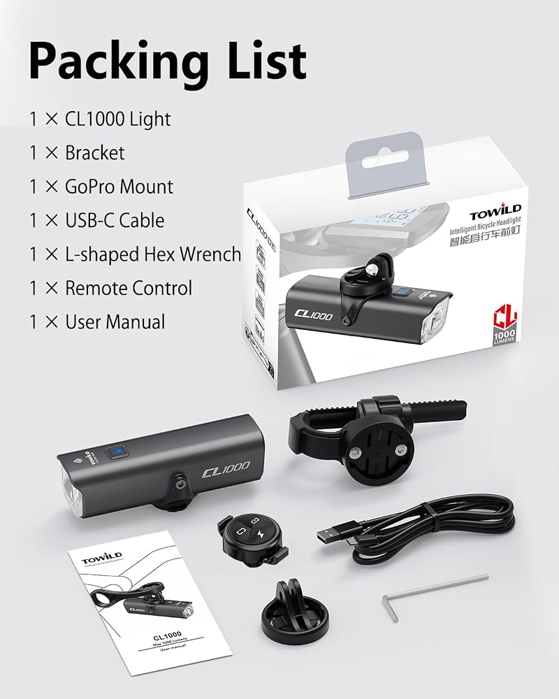 CL1000+Remote Bike Light 1000 Lumens Front Light for Night Cycling with Garmin GoPro Mount
