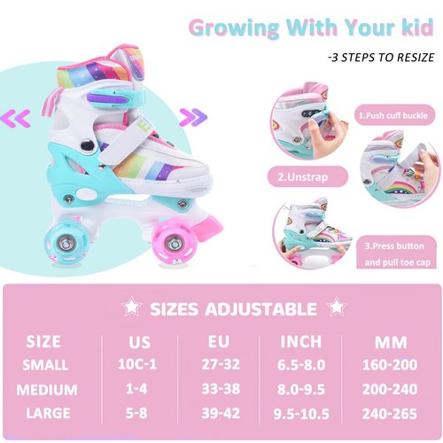 ERNAN Kids Roller Skates,Girls Roller Skates,4 Size Adjustable with Light up Wheels for for Beginner Kids Girls & Boys (Rainbow, M)