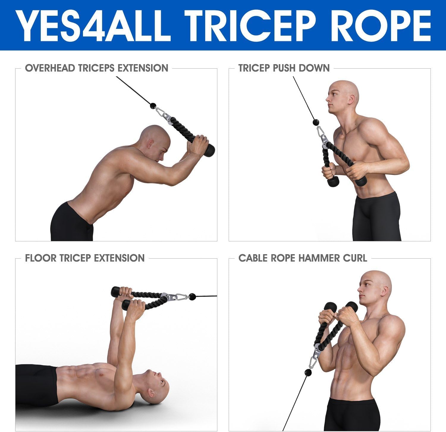 Yes4All Deluxe Tricep Rope Cable Attachment - 27 & 36 Inch Gym Pulley System in 4 Colors