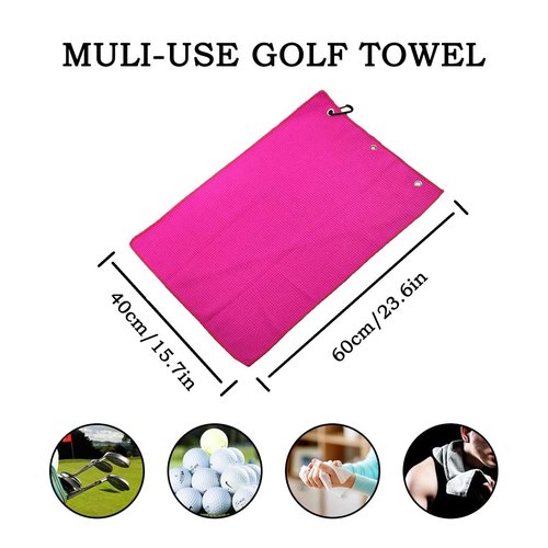 Glamrce 2 Pack Tri-fold Golf Towel Set, Microfiber Fabric Waffle Pattern Towels, Outdoor Sports Towels Heavy Duty Carabiner Clip (Pink x2)
