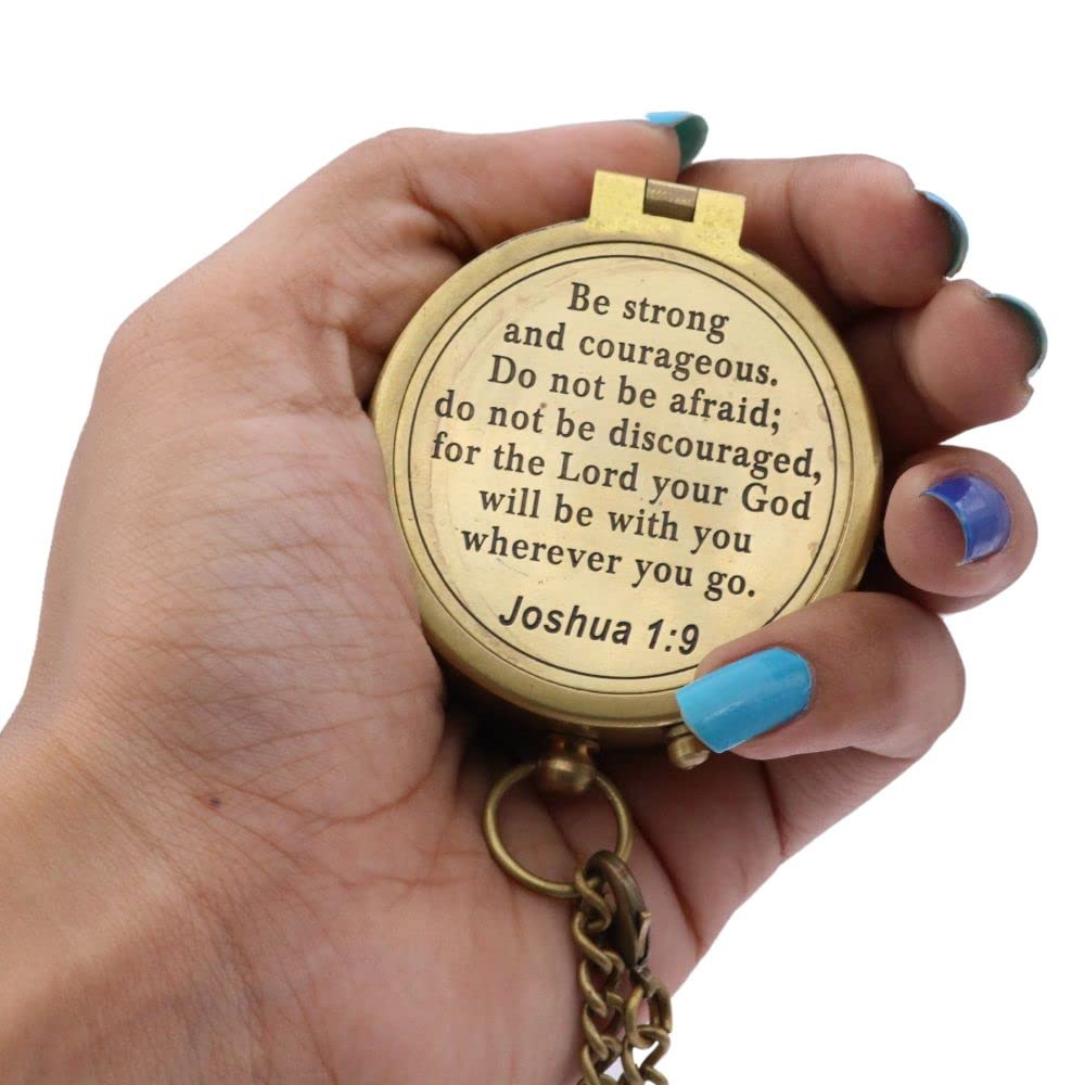Solid Brass Directional Engraved Compass, Baptism Gifts for Boys Girls, First Communion, Christian Gifts for Men, First Confirmation Gifts for Boys Catholic Gifts, Be Strong and Courageous