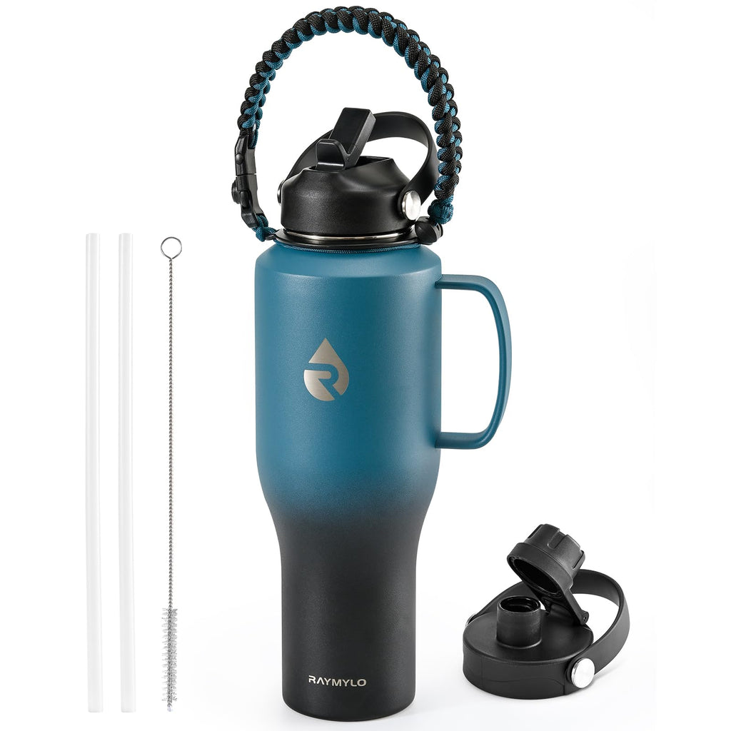 RAYMYLO Insulated Water Bottle 40oz (Cold for 48 Hrs), Stainless Steel Water Bottle with Handle & Straw Lid & Paracord Handle, Triple Wall Vacuum Leakproof Travel Flask, Fit in Any Car Cup Holder