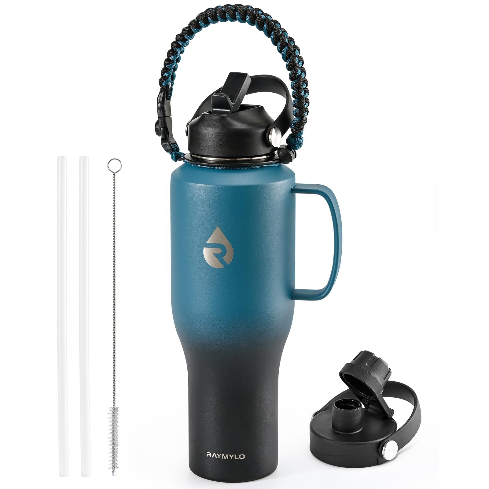 RAYMYLO Insulated Water Bottle 40oz (Cold for 48 Hrs), Stainless Steel Water Bottle with Handle & Straw Lid & Paracord Handle, Triple Wall Vacuum Leakproof Travel Flask, Fit in Any Car Cup Holder