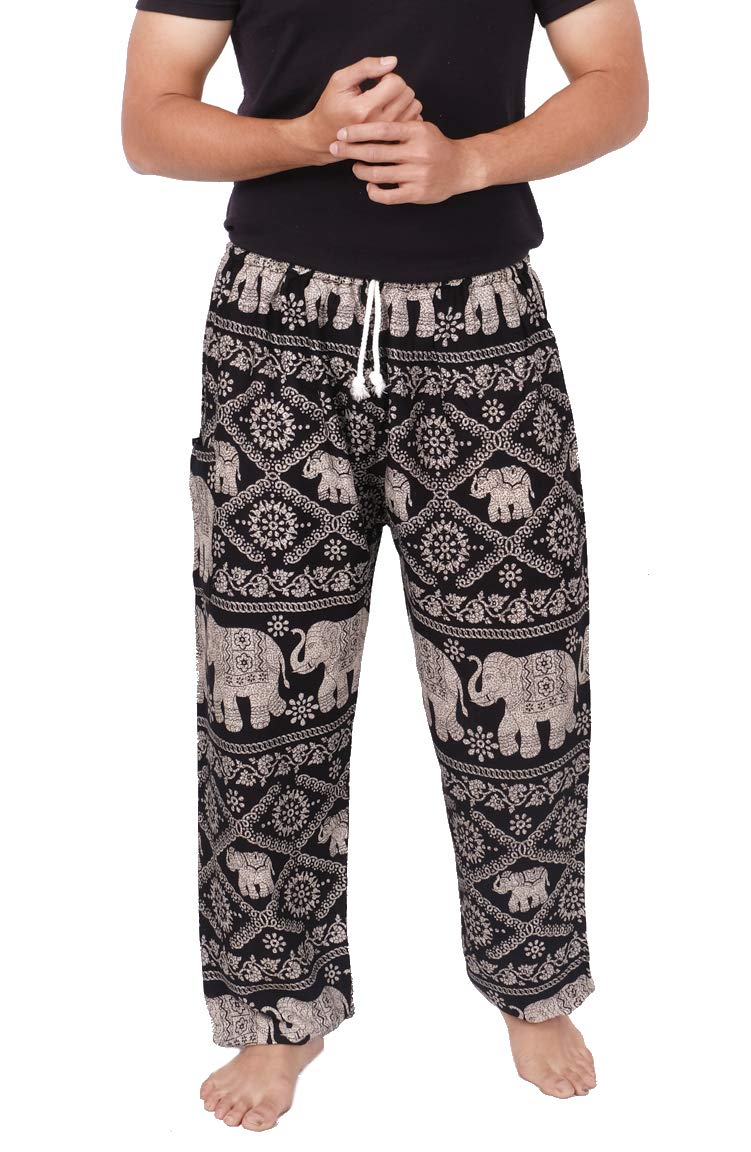 Elephant Black Drawstring Waist 4-12 Boho Parachute Lounge Pants - Loose Baggy Yoga Harem