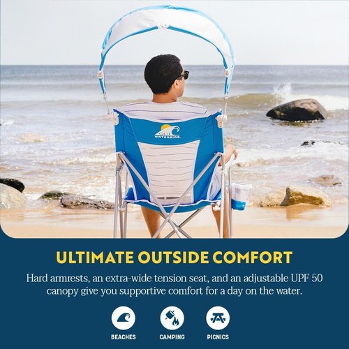 GCI Outdoor Sunshade Captain's Chair - Collapsible Folding Canopy Chair with Armrests & Drink Holder | Saybrook Blue