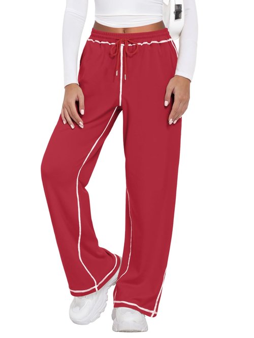 Feiersi Women's Wide Leg Sweatpants Soft Trendy Drawstring Baggy High Waisted Casual Trousers Jogger Sweat Pants(Red,Large)