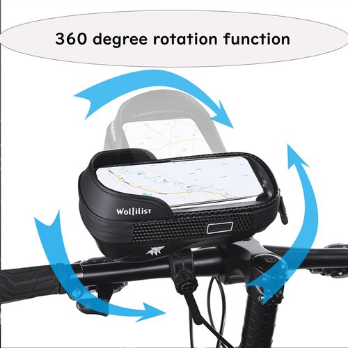 WOLFILIST Waterproof Bike Phone Mount - Touch Screen Holder for 7'' Phones, 360° Rotation & Shockproof Handlebar Bag - Ideal for Cycling, Motorcycle, Electric Bike Accessories (BLACK)