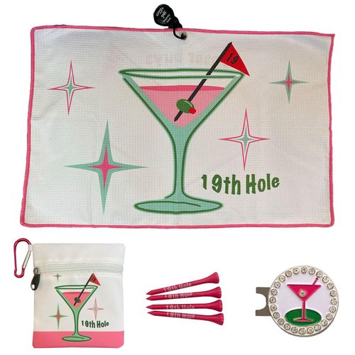 Giggle Golf Martini Par 3 Pack for Women, Microfiber Waffle Weave Golf Towel, Tee Bag with Tees and Bling Ball Marker with Magnetic Hat Clip (19th Hole)