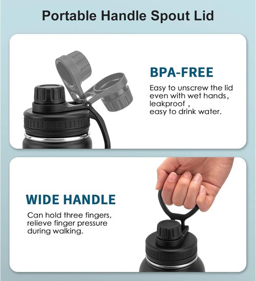 Koodee Insulated Water Bottle - 18 oz Stainless Steel Double Wall Vacuum | Leakproof Spout Lid (Black)