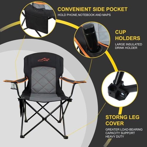 Fair Wind Heavy Duty Camping Chair - 350LBS Capacity, Fully Padded with Cup Holder & Side Pocket | 2 Pack